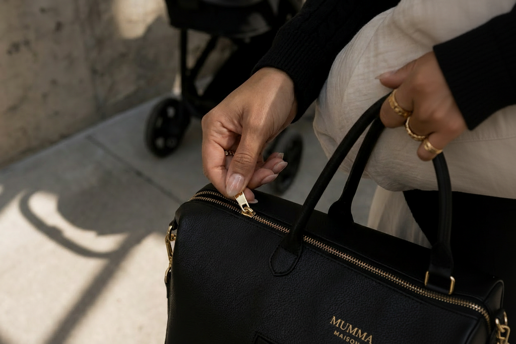 A close-up lifestyle shot of a person holding a black pebbled leather handbag with gold hardware. The person is wearing a cream-colored skirt and a black long-sleeve top, and a stroller is visible in the background on a concrete patio.